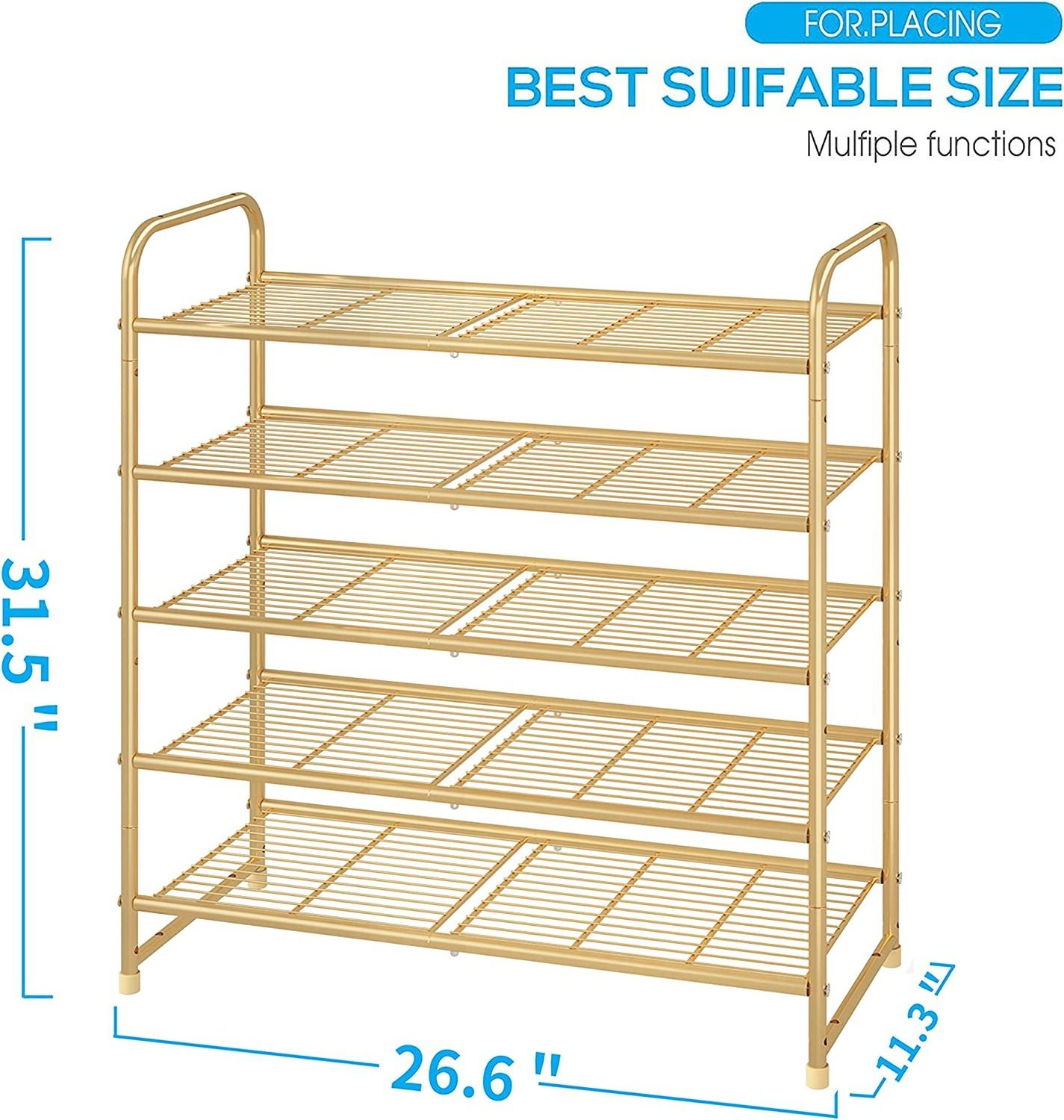 Expandable Adjustable  Wire Grid Gold Shoe Organizer 5-Tier Stackable Shoe Rack