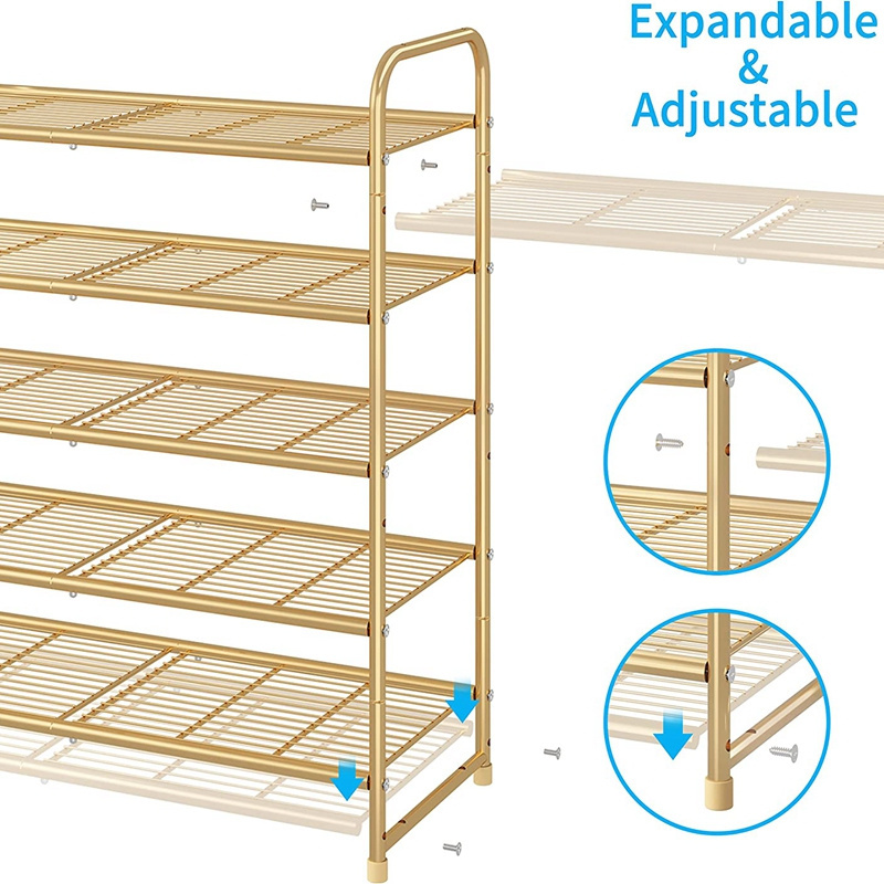 Expandable Adjustable  Wire Grid Gold Shoe Organizer 5-Tier Stackable Shoe Rack