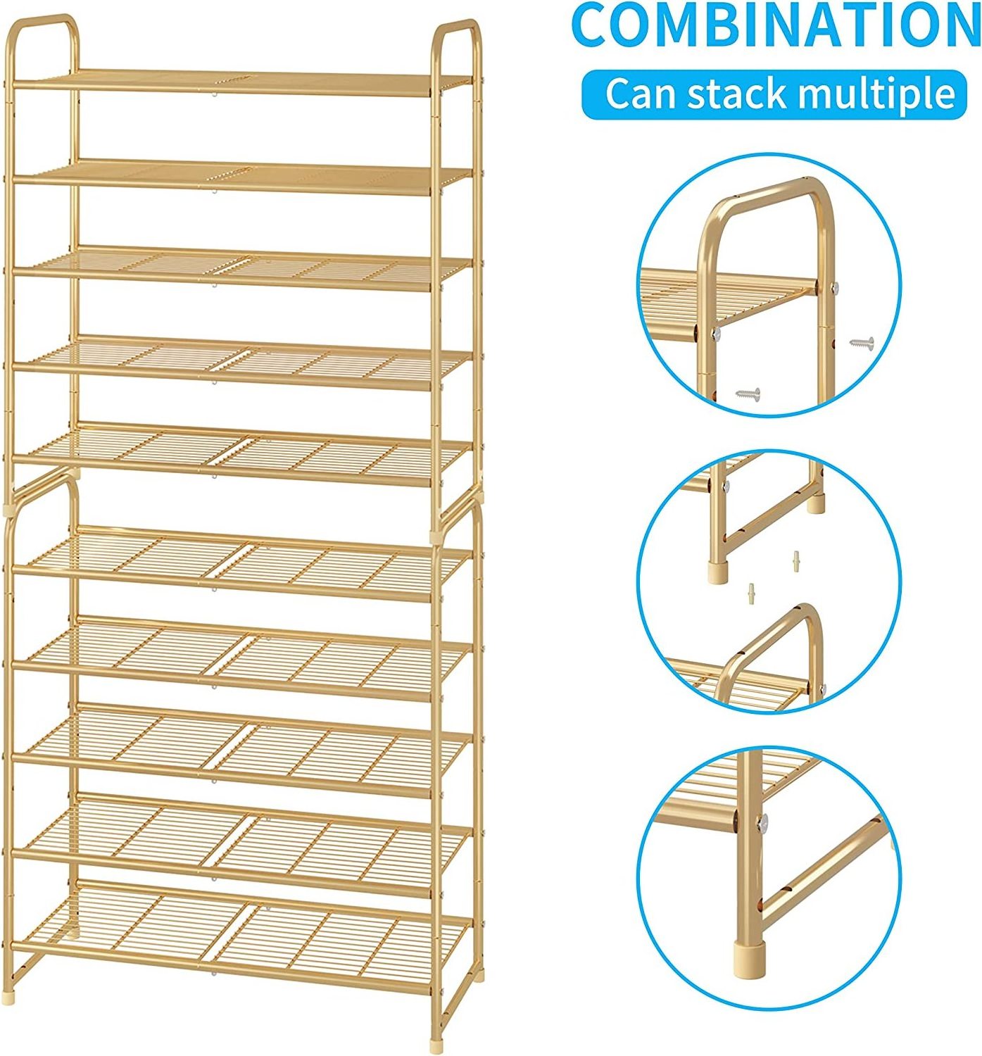 Expandable Adjustable  Wire Grid Gold Shoe Organizer 5-Tier Stackable Shoe Rack