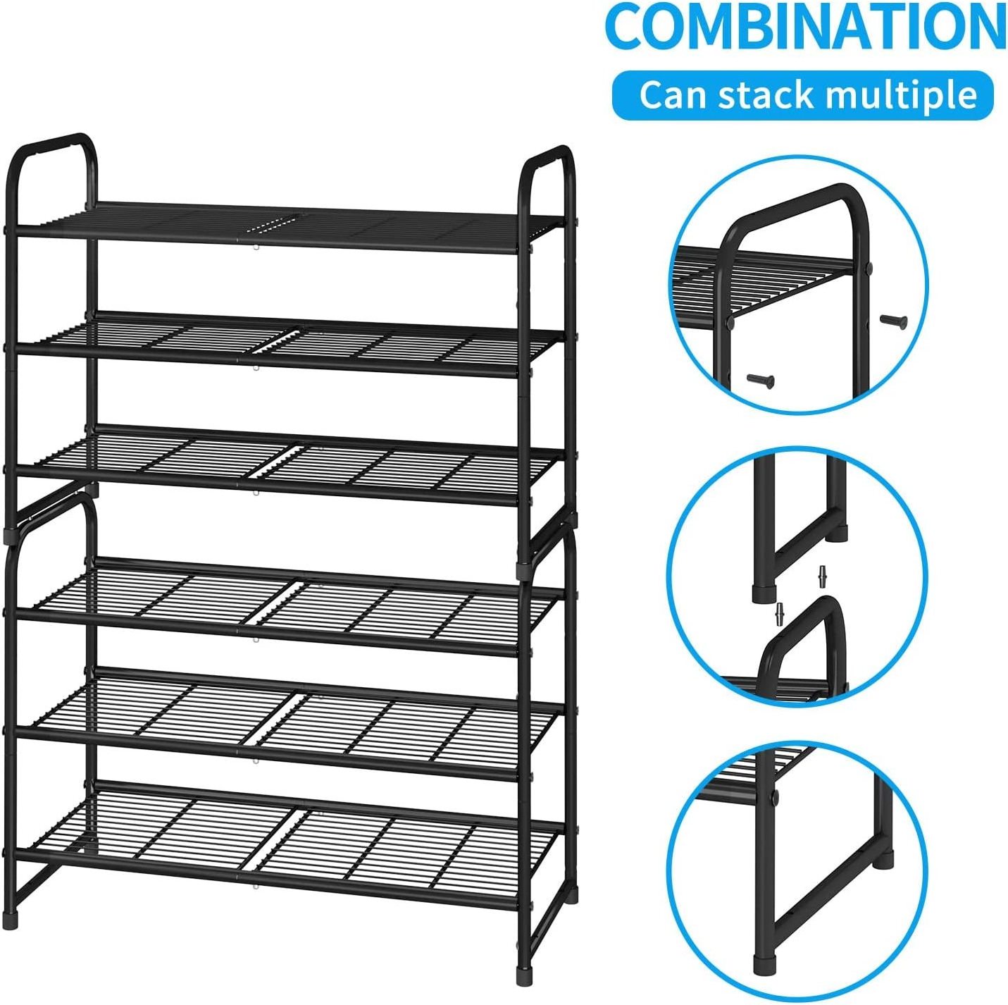 3-Tier Stackable Wire Grid Black Shoe Rack Expandable and Adjustable Shoe Shelf Storage Organizer