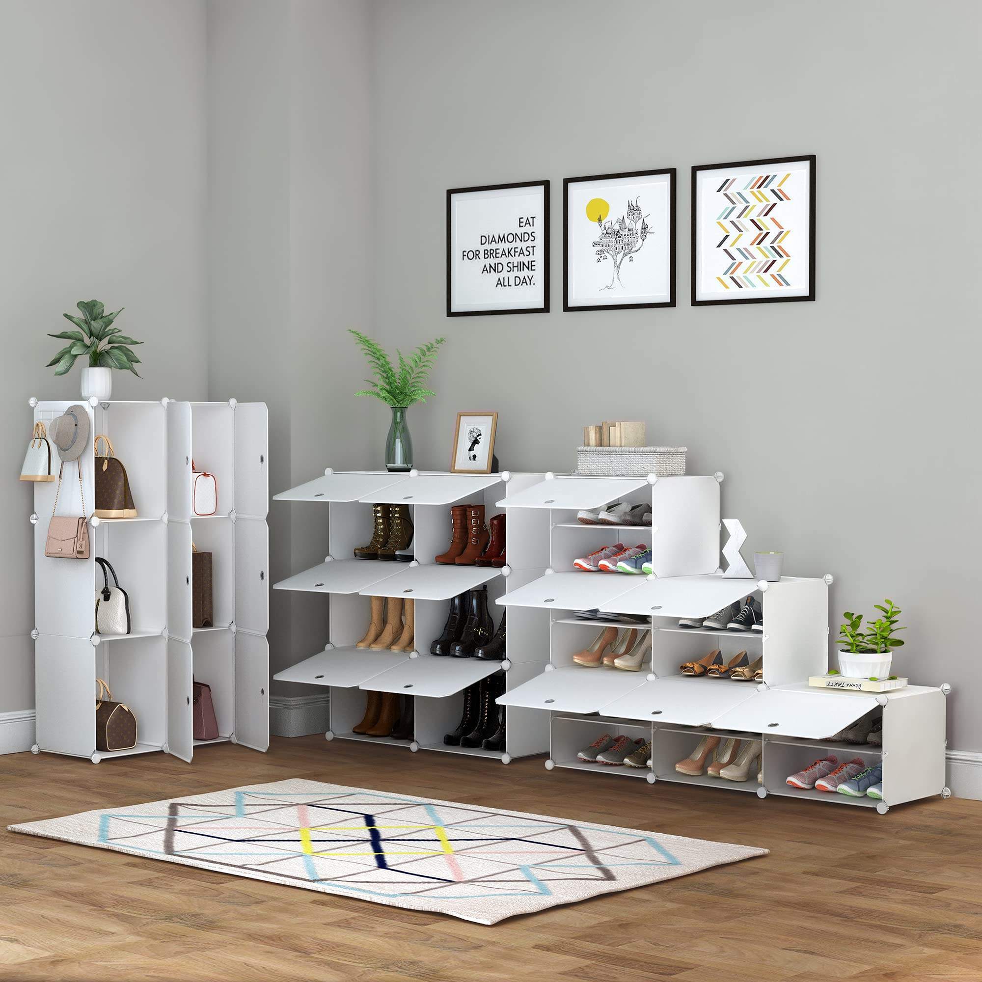 6 Tier 24 Pair Shoe Storage Cabinet Plastic White Shoe Shelves Organizer for Closet Hallway Bedroom Entryway