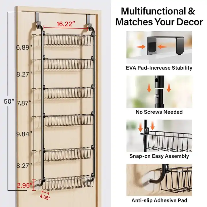 Over the Door Pantry Organizer 6-Tier Heavy Duty Metal Door Storage Adjustable Hanging Kitchen Spice Rack