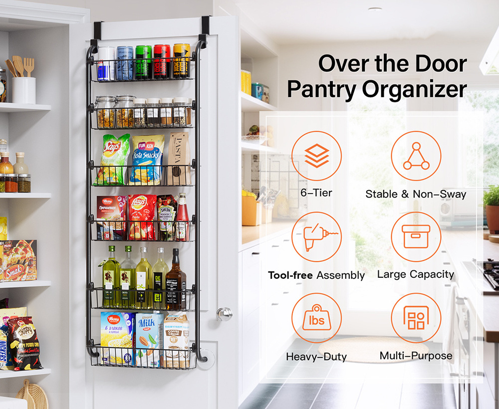 Over the Door Pantry Organizer 6-Tier Heavy Duty Metal Door Storage Adjustable Hanging Kitchen Spice Rack