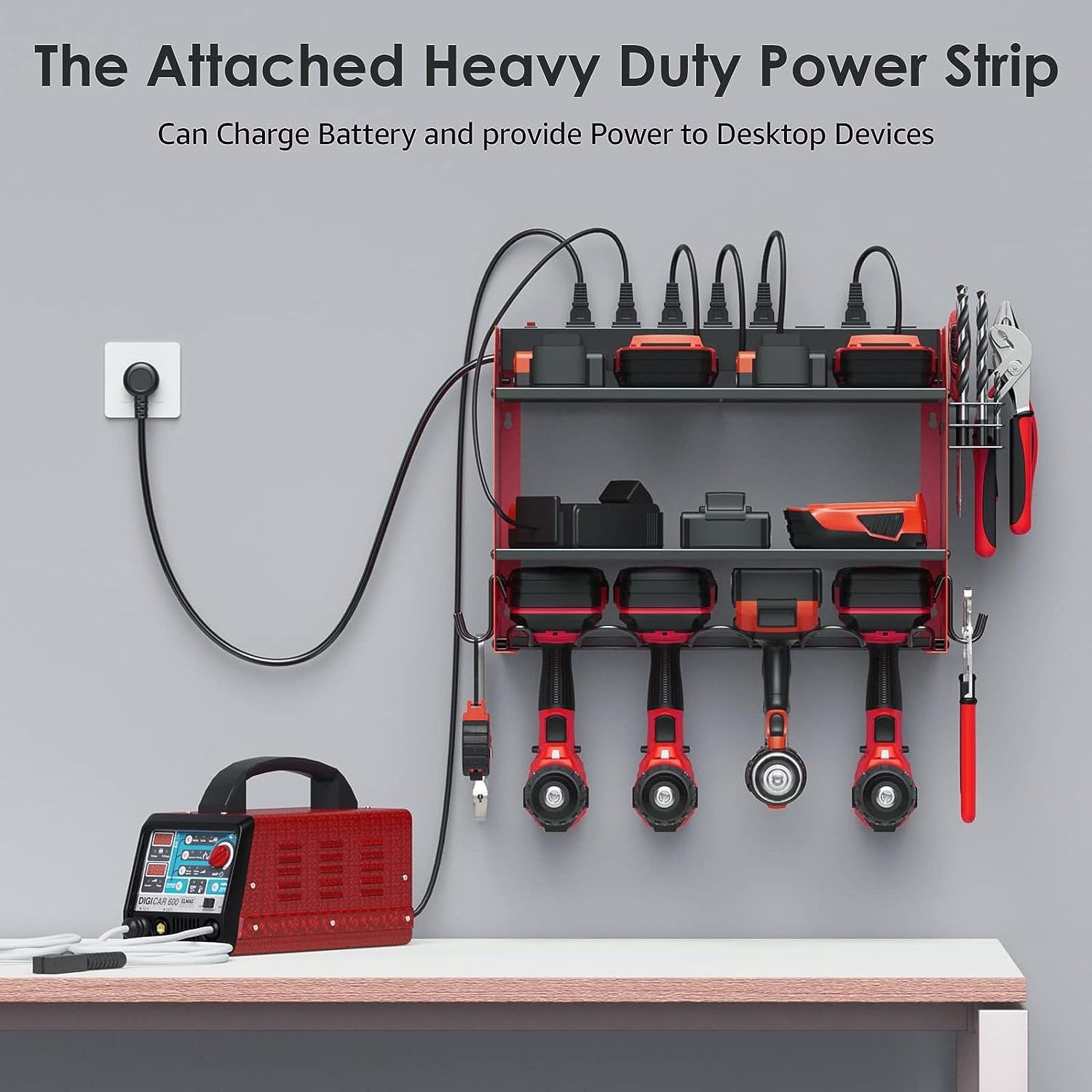 Garage Drill Bit Heavy Duty Wall Mount Power Tool Organizer with Charging Station,  Garage 4 Drill Storage Shelf with Hooks