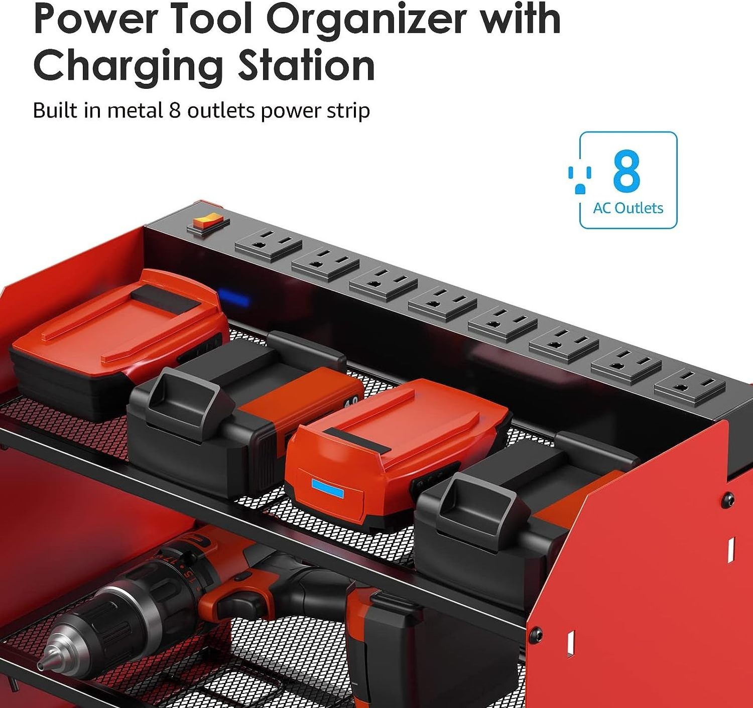 Garage Drill Bit Heavy Duty Wall Mount Power Tool Organizer with Charging Station,  Garage 4 Drill Storage Shelf with Hooks