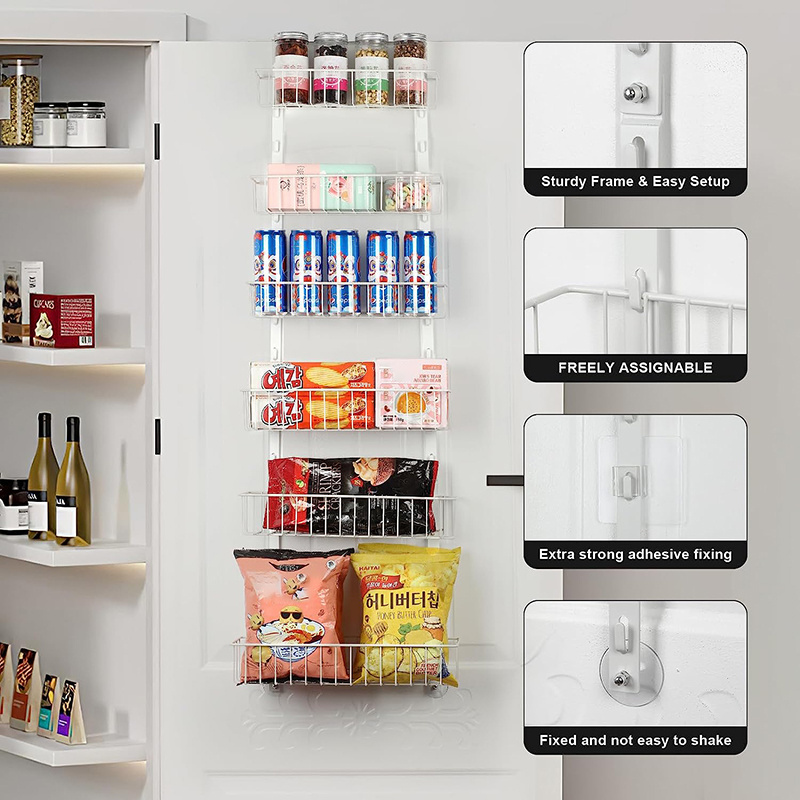 Pantry Organization With Adjustable Baskets Easy Assembly 6-Tier Wall Mounted Over The Door Pantry Organizer Rack