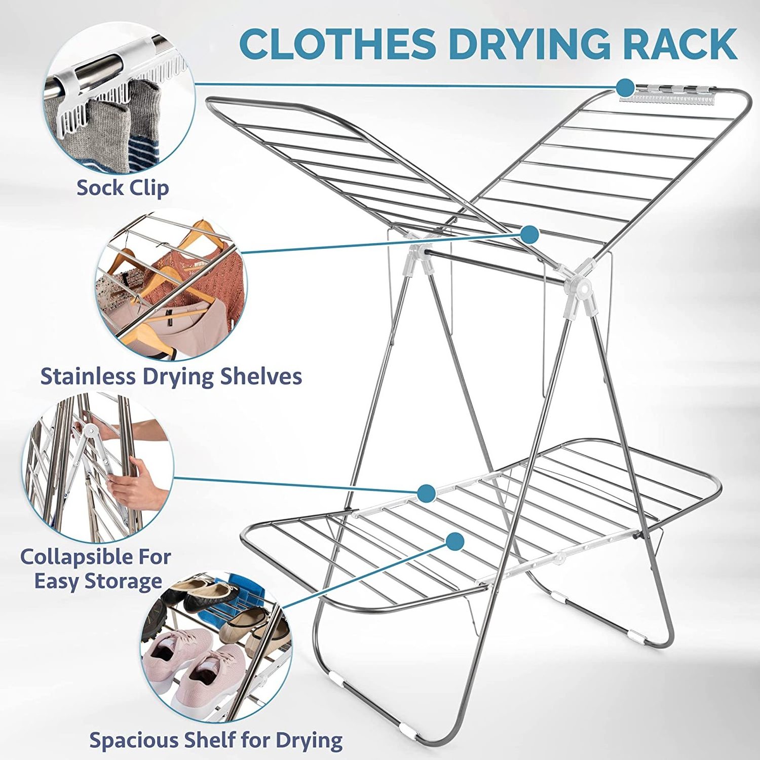 High Quality Foldable 2-Layer Stainless Steel Drying Rack Laundry Premium Folding Clothes Drying Rack