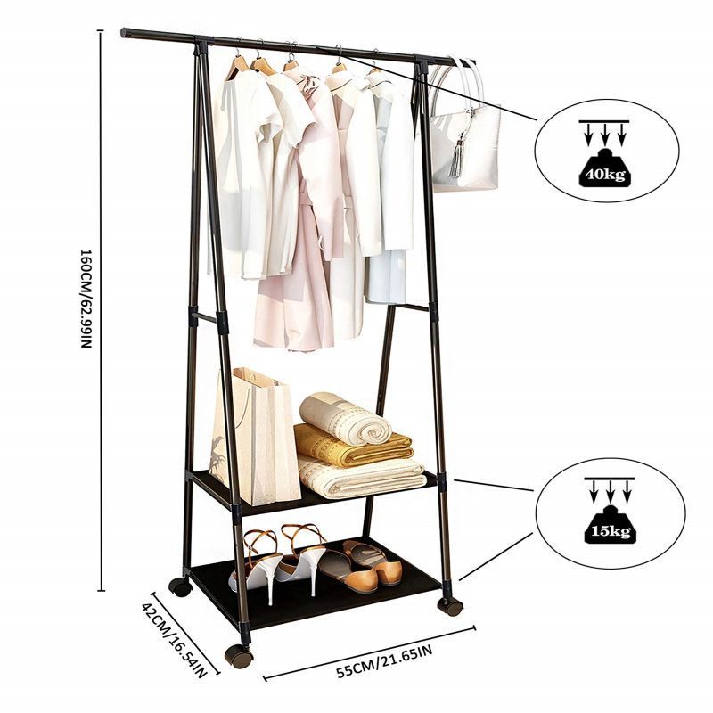 Clothes Rack, Rolling Clothing Rack for Hanging Clothes on Wheels Metal Garment Rack with Shelves for Bedroom