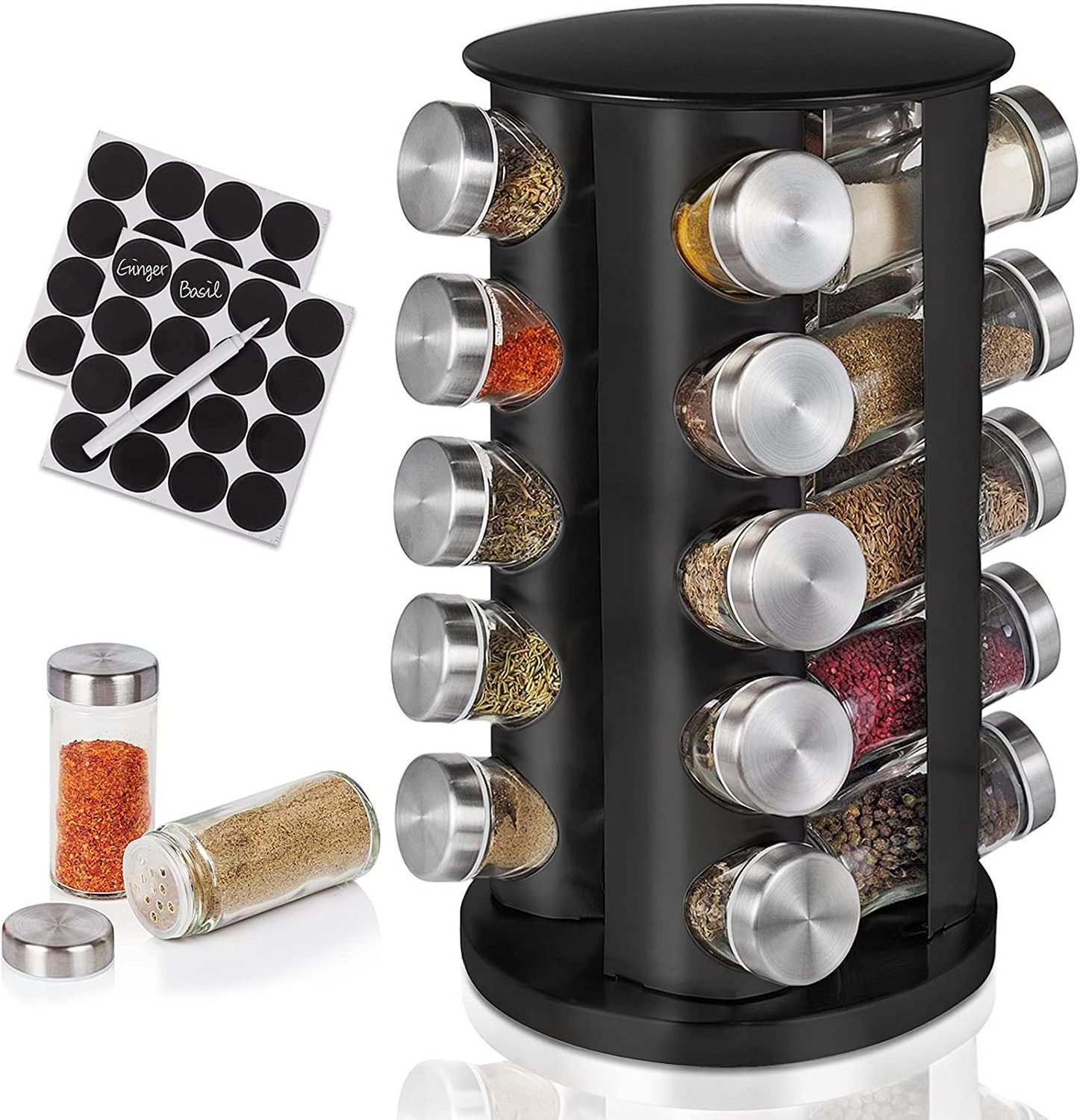 360 Rotating Kitchen Black Metal 20 Jar Spice Carousel Spice Rack with Glass Jars Set and Labels for Bottles