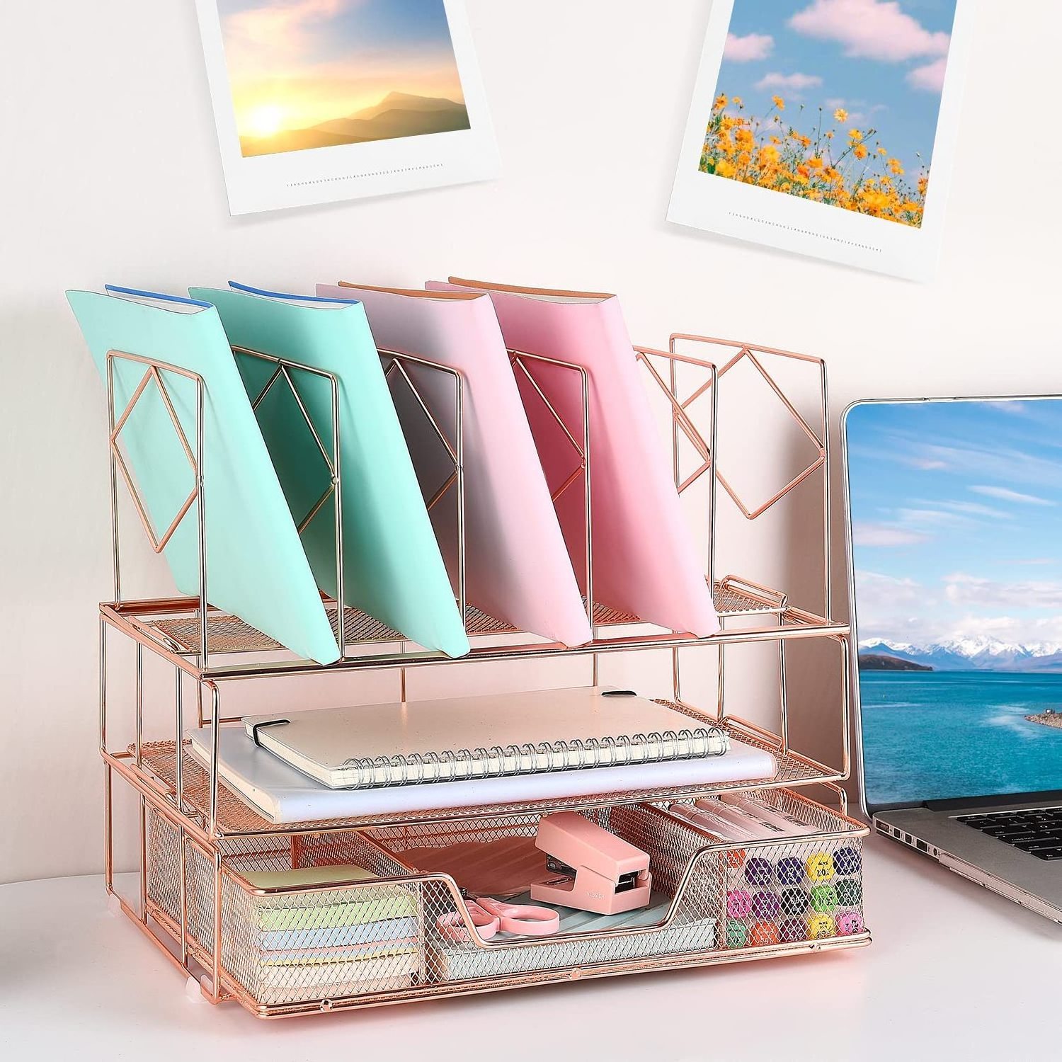 Office Supplies Rose Gold Metal Desk Accessories Desk Organizer with Sliding Drawer Drawer Double Tray and Upright Section