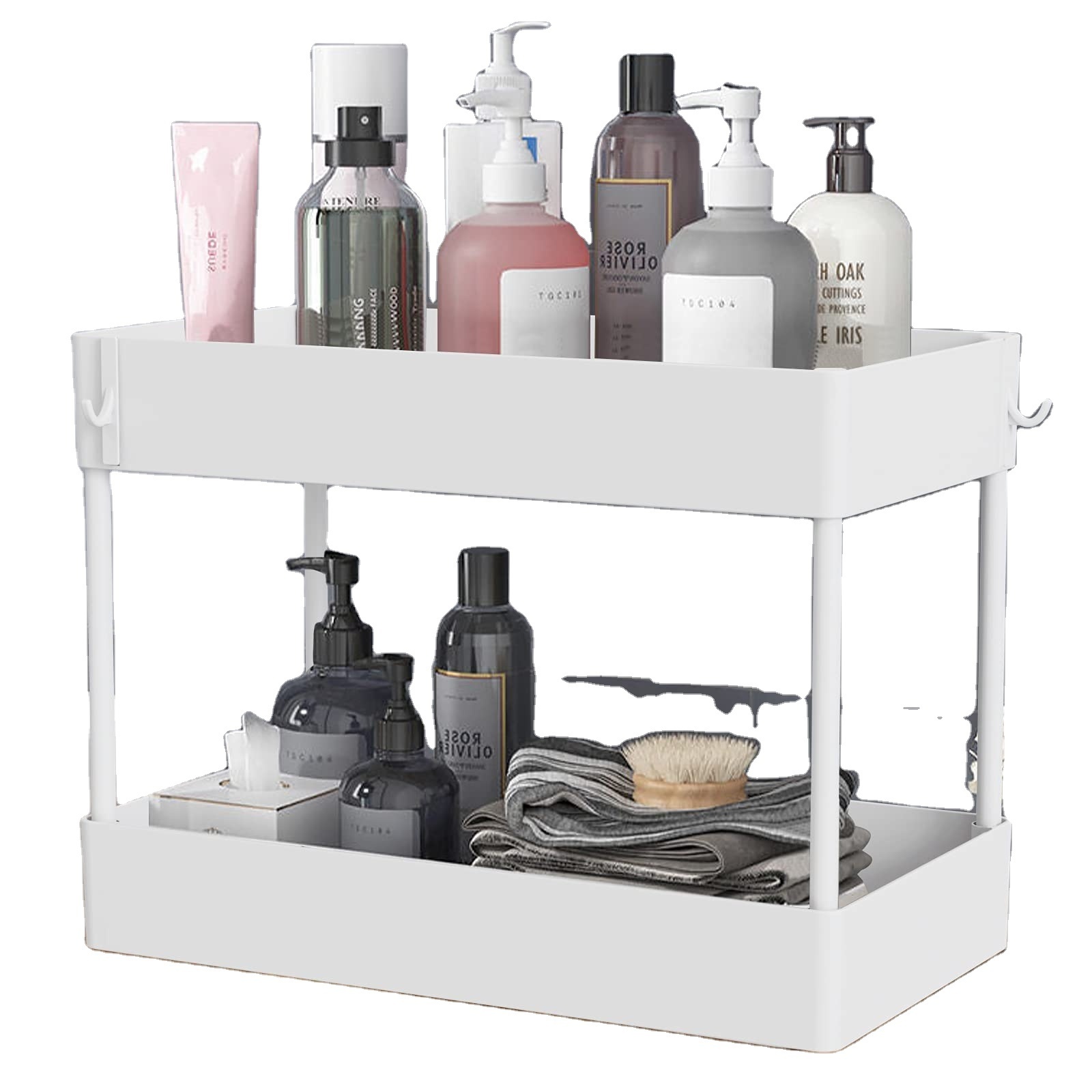 Under Bathroom Sink Storage 2 Tier Organizer Bath Collection Baskets with Hooks, Black Under Sink Shelf Organizer