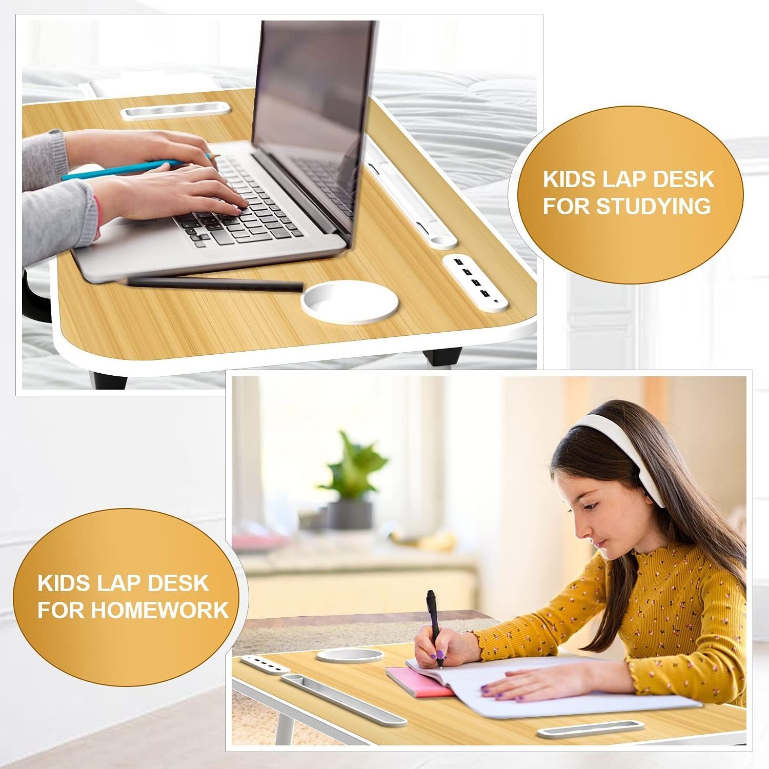 Laptop Lap Bed Desk, Portable Foldable Laptop Tray Table with Handle USB Charge Port, Storage Drawer Cup Holder, Lamp, Fan