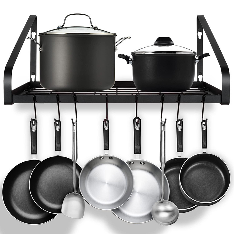 Pot and Pan Organizer Wall Mounted Pots Holder Kitchen Storage Shelf Hanging Pot Rack with 8 Hooks