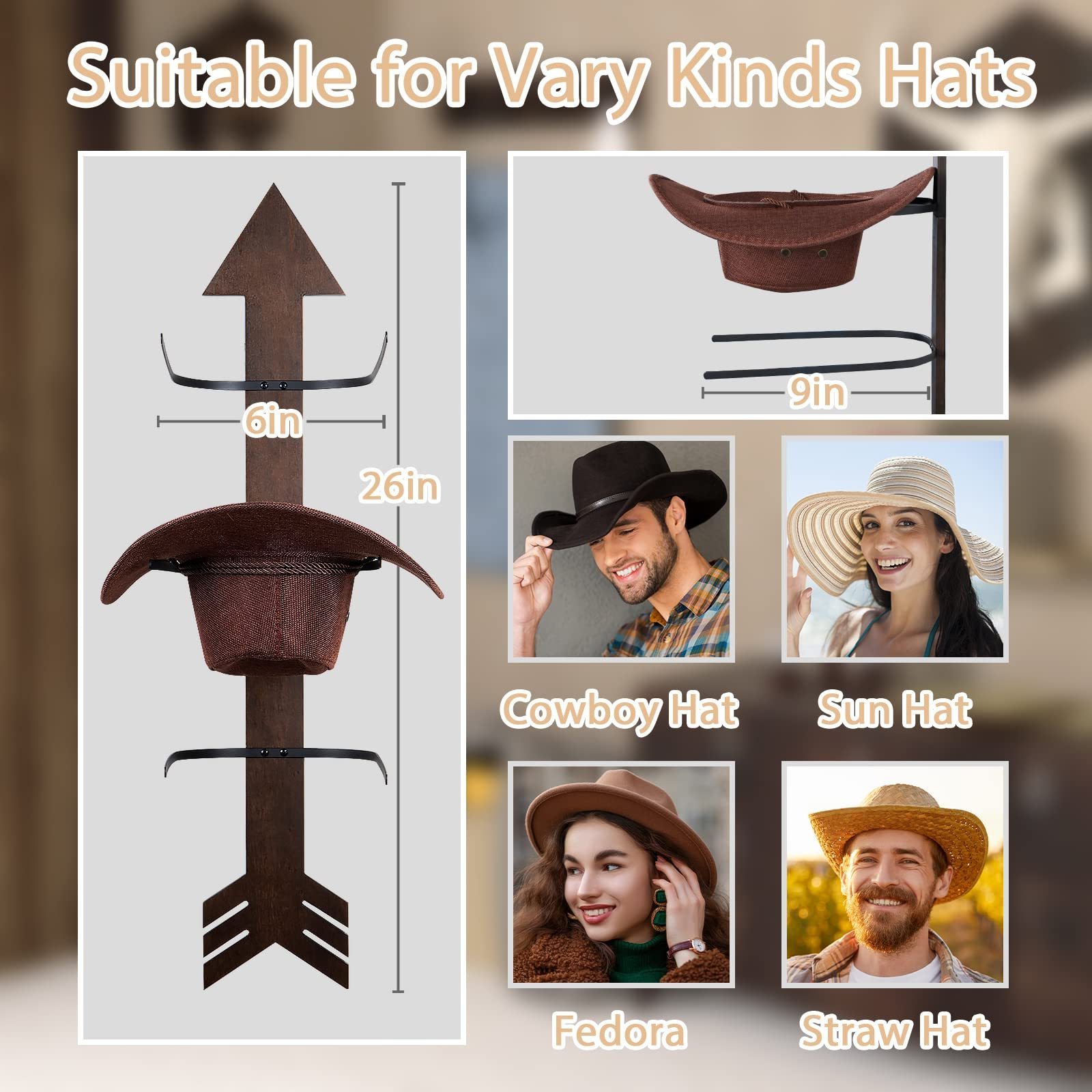 Cowboy Hat Organizer Rack 6 Pieces Western Decor Rustic Wood Arrow Hat Holder Cowboy Hat Hanger for Display and Storage