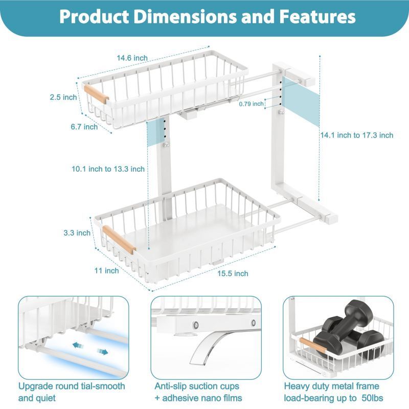 Kitchen Bathroom Metal Sink Storage Shelves Height Adjustable Pull Out Cabinet Organizer 2 Tier Slide Out Under Sink Organizers