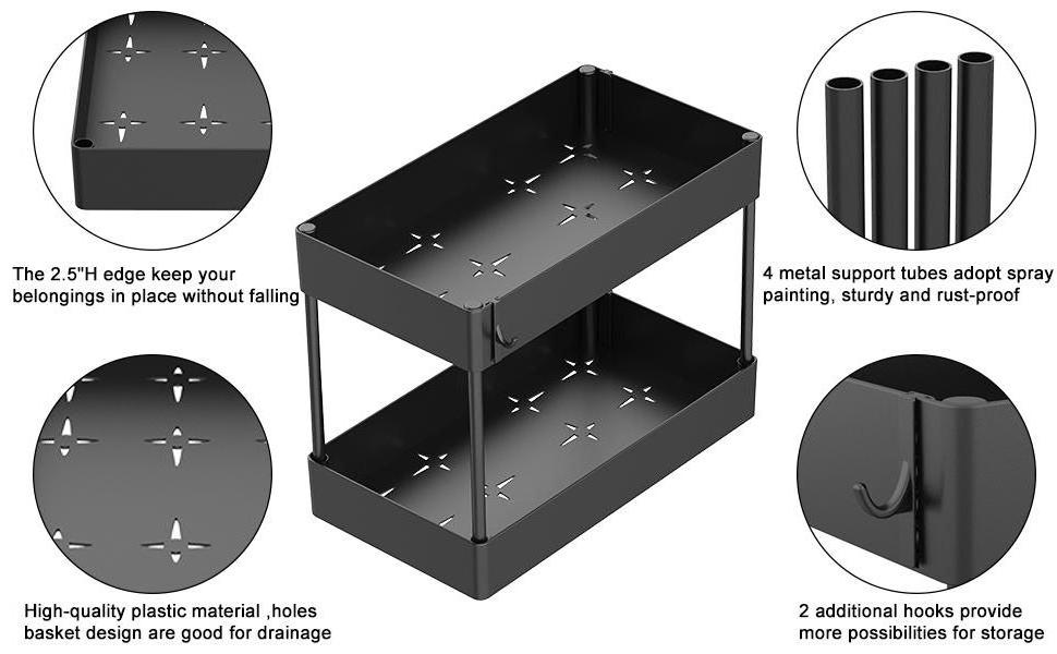 Under Bathroom Sink Storage 2 Tier Organizer Bath Collection Baskets with Hooks, Black Under Sink Shelf Organizer