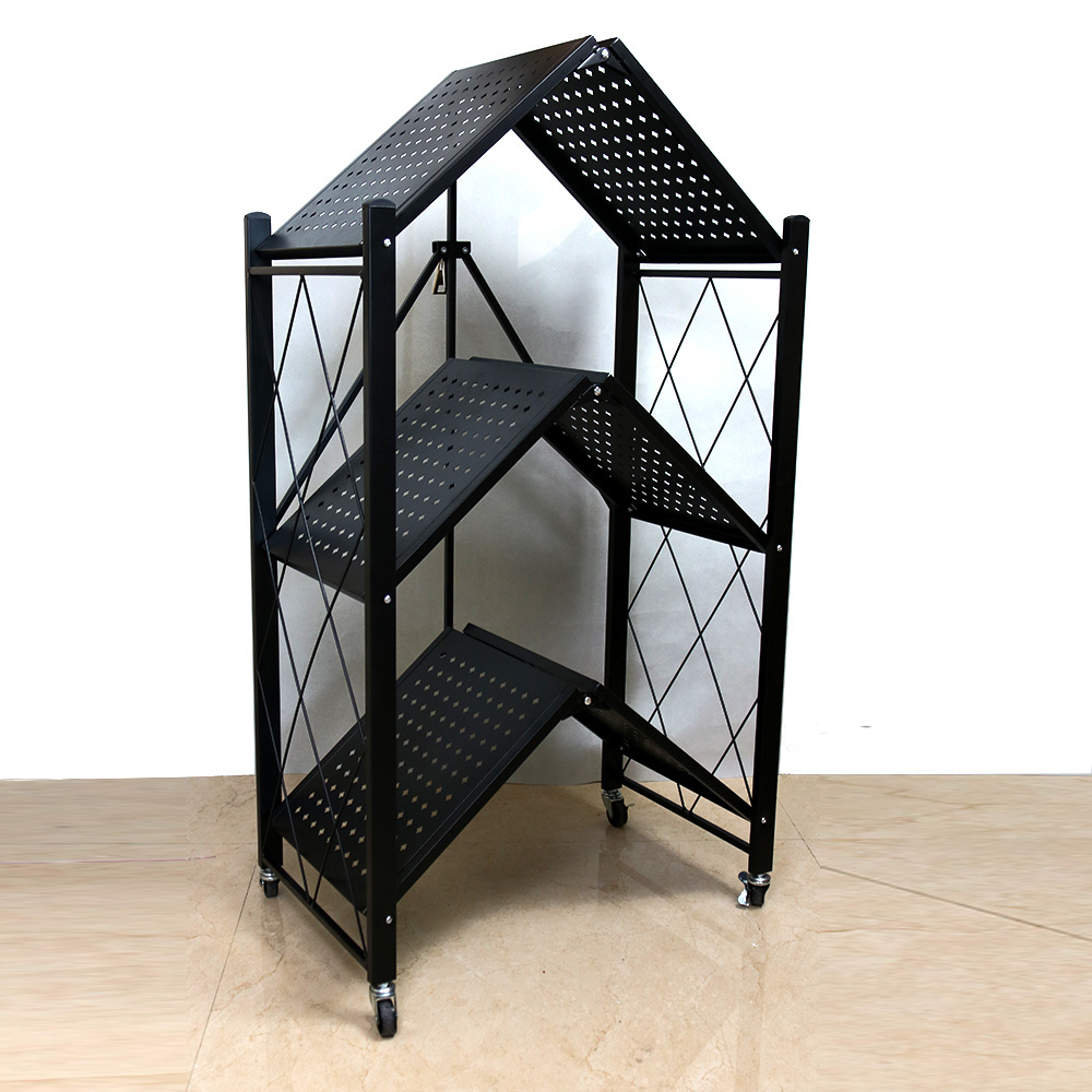 Wholesale Supply Home Black iron Metal Wire 3 Tiers Folding Kitchen Corner Storage Shelf For Storage Kitchenware