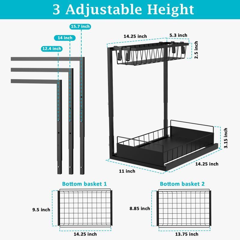 Height Adjustable Kitchen Organizers and Storage 2 Tier Pull Out Sliding Cabinet Organizer Under Sink Organizer