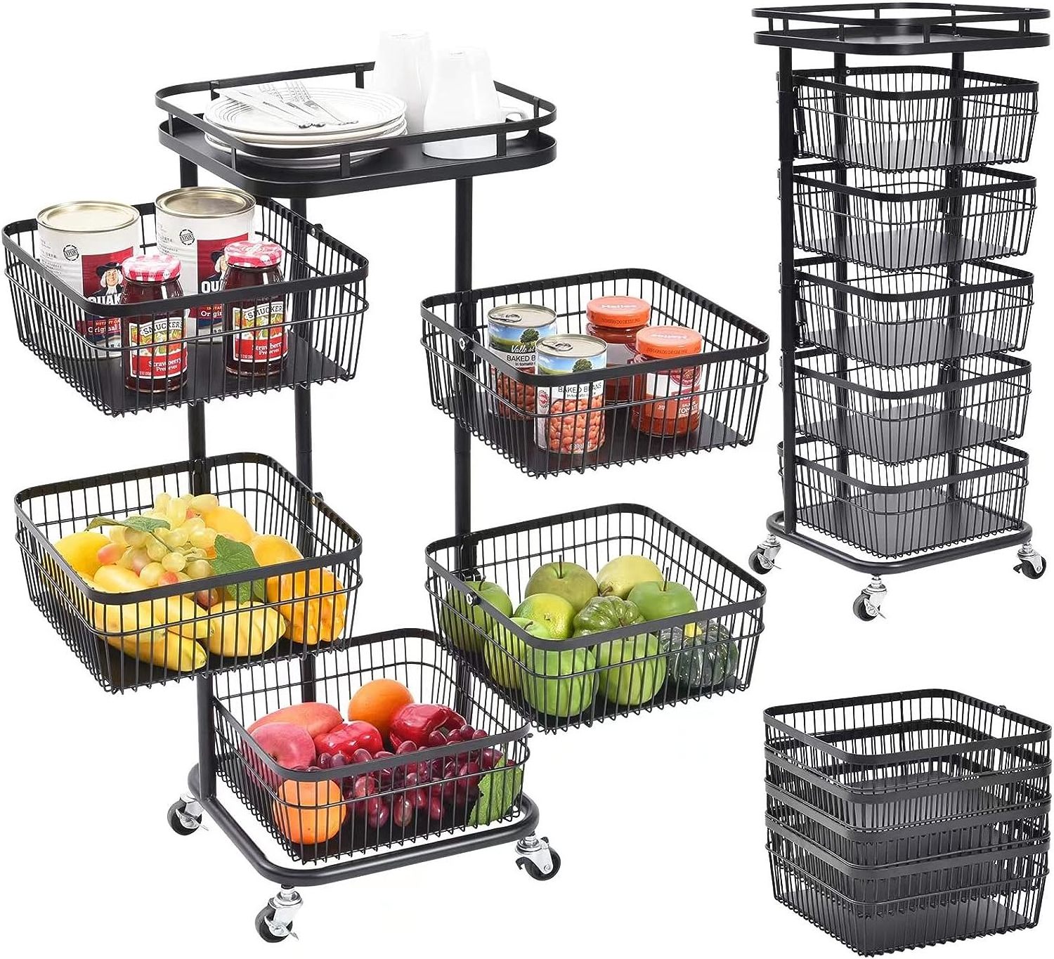 6-tier Black Kitchen Storage Tower Rounded Square Basket Shelves Organizer on Rolling Wheels Metal Storage Holders & Racks