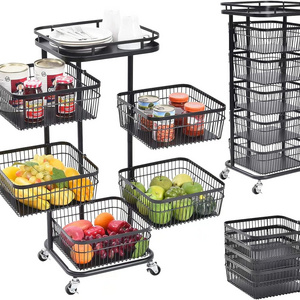 6-tier Black Kitchen Storage Tower Rounded Square Basket Shelves Organizer on Rolling Wheels Metal Storage Holders & Racks