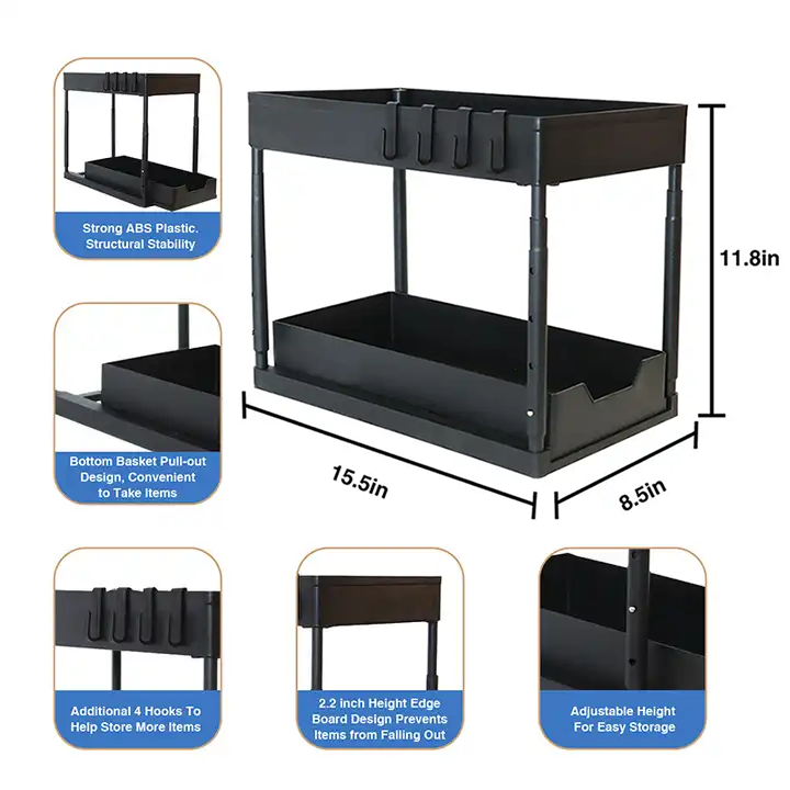 ABS+PP Adjustable Height Under Sink Organizer Pull Out Bathroom Cabinet Storage Rack 2 Tier Under Kitchen Sink Organizer