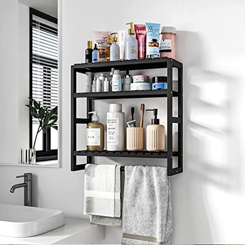 3 Tiers Black Adjustable Floating Shelf Over The Toilet Storage Bathroom Organizer Shelves with Hanging Rod