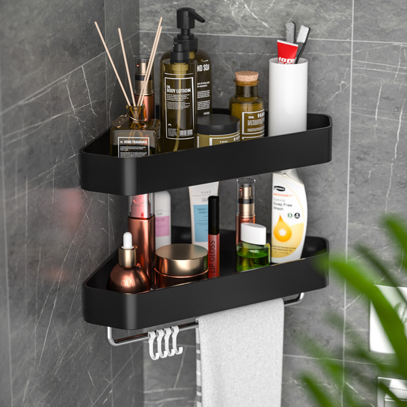 WIDENY Aluminum Corner Shower Caddy No Drilling Bathroom Storage Rack with Hooks Triangle Wall Mounted Bathroom Shelves