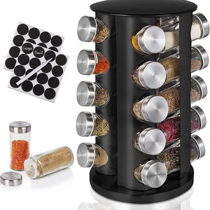 360 Rotating Kitchen Black Metal 20 Jar Spice Carousel Spice Rack with Glass Jars Set and Labels for Bottles