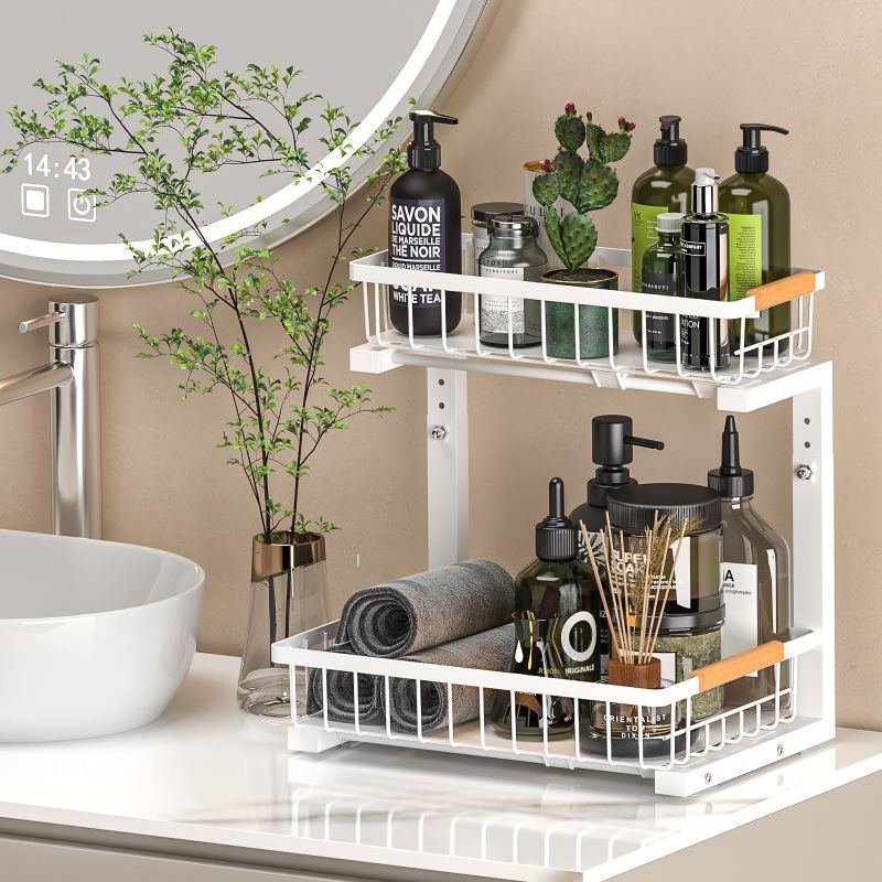 Kitchen Bathroom Metal Sink Storage Shelves Height Adjustable Pull Out Cabinet Organizer 2 Tier Slide Out Under Sink Organizers