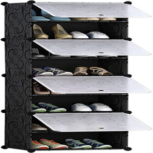 4 Cube DIY Plastic 8 Tiers Shoe Rack with Doors,Expandable Shoes Stand Space Saver Portable Modular Shoe Storage Organizer