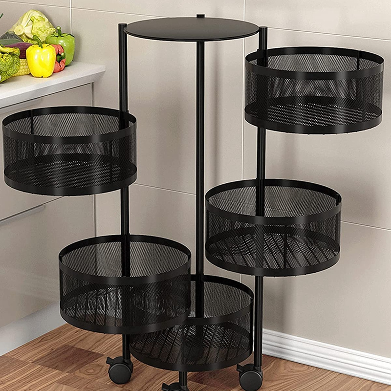 High Quality Material Household Round Metal Mesh Basket Fruit and Vegetable Storage Rack With Wheels