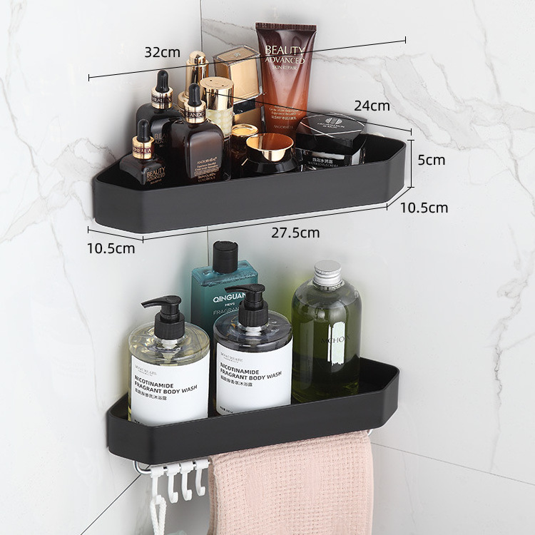 WIDENY Aluminum Corner Shower Caddy No Drilling Bathroom Storage Rack with Hooks Triangle Wall Mounted Bathroom Shelves