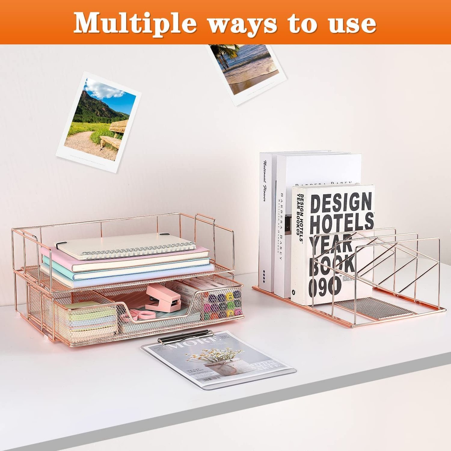 Office Supplies Rose Gold Metal Desk Accessories Desk Organizer with Sliding Drawer Drawer Double Tray and Upright Section