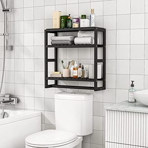 3 Tiers Black Adjustable Floating Shelf Over The Toilet Storage Bathroom Organizer Shelves with Hanging Rod