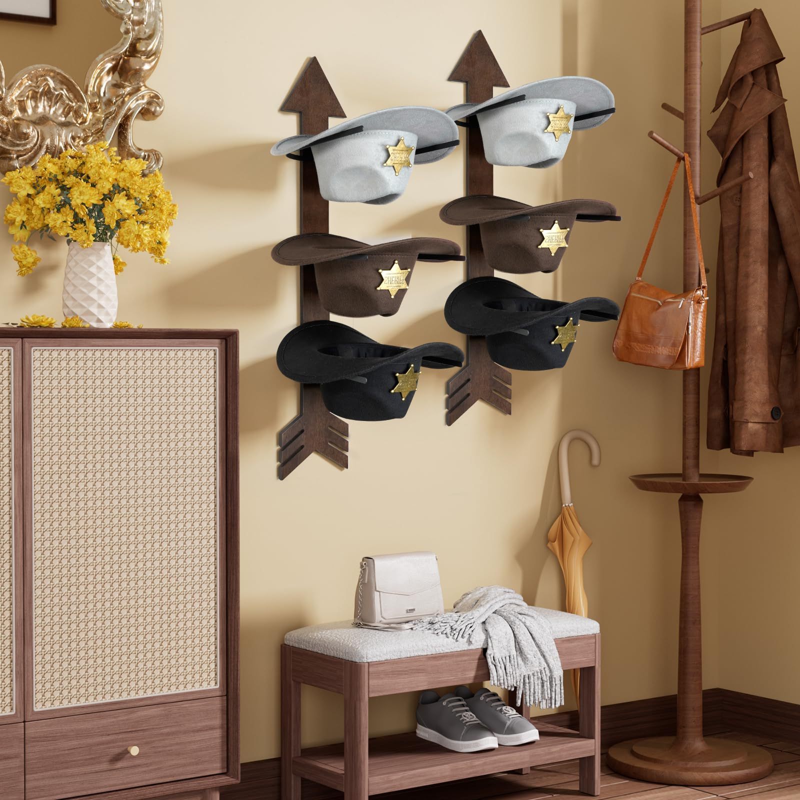 Cowboy Hat Organizer Rack 6 Pieces Western Decor Rustic Wood Arrow Hat Holder Cowboy Hat Hanger for Display and Storage