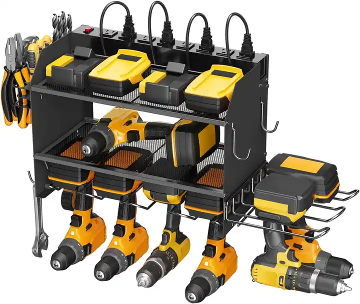 Garage Drill Battery Heavy Duty Wall Mount Charging Station Power Tool Organizer with 8 Plug Power Strip 6 Drills Holder