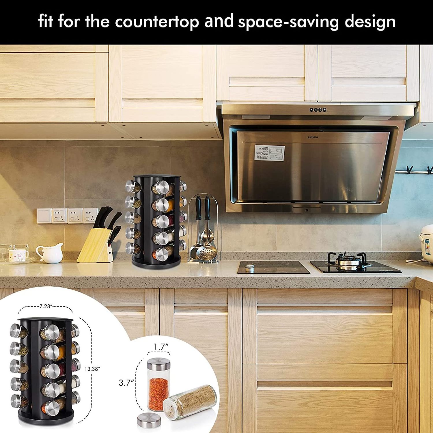 360 Rotating Kitchen Black Metal 20 Jar Spice Carousel Spice Rack with Glass Jars Set and Labels for Bottles