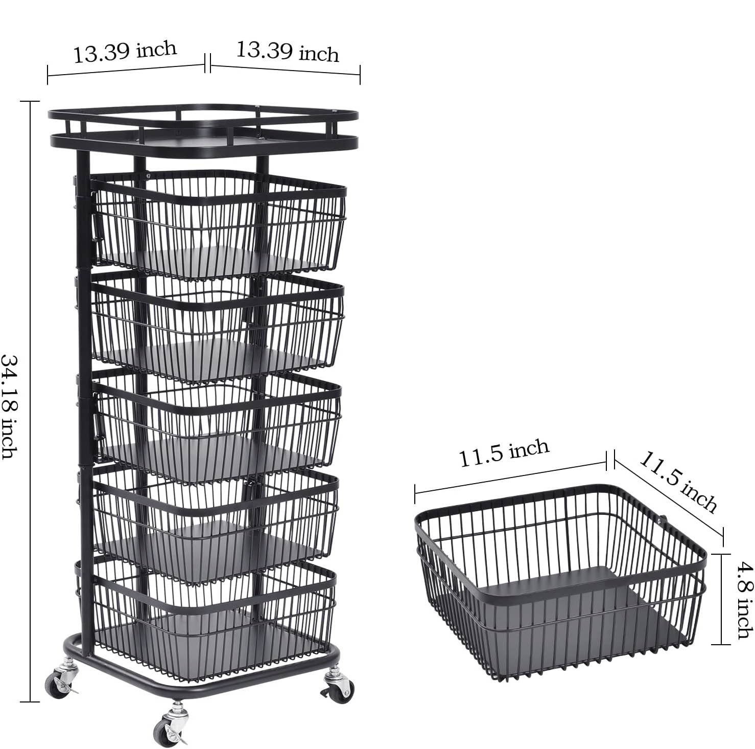 6-tier Black Kitchen Storage Tower Rounded Square Basket Shelves Organizer on Rolling Wheels Metal Storage Holders & Racks