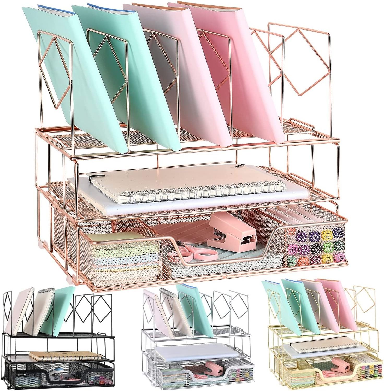 Office Supplies Rose Gold Metal Desk Accessories Desk Organizer with Sliding Drawer Drawer Double Tray and Upright Section