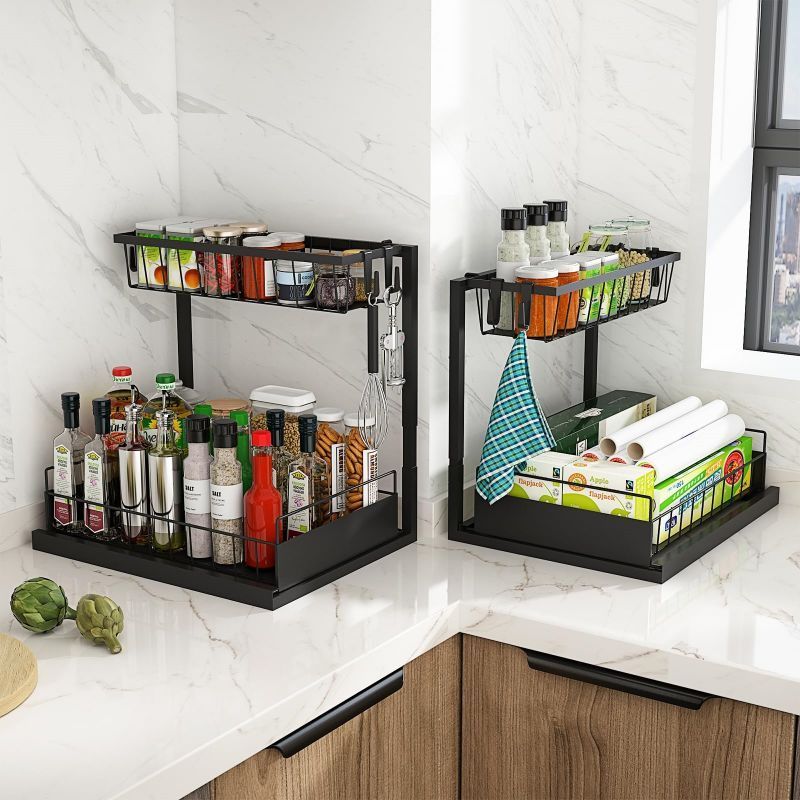 Height Adjustable Kitchen Organizers and Storage 2 Tier Pull Out Sliding Cabinet Organizer Under Sink Organizer