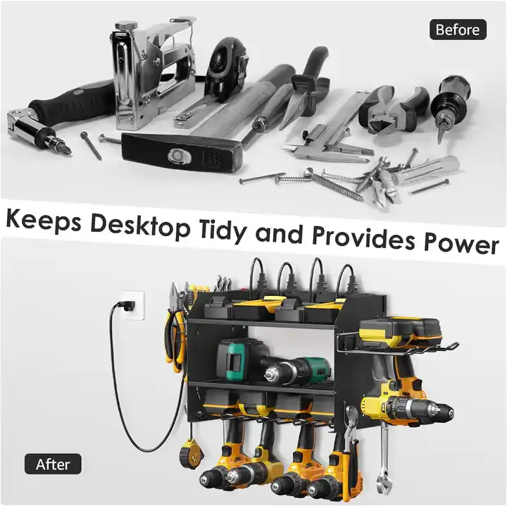 Garage Drill Battery Heavy Duty Wall Mount Charging Station Power Tool Organizer with 8 Plug Power Strip 6 Drills Holder