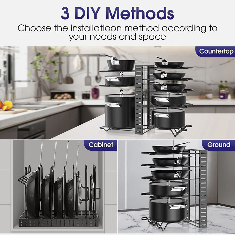 Adjustable Kitchen Pot Holder Pan Organizer Shelf 8-Tier Pot Racks Pots and Pans Organizer For Cabinet