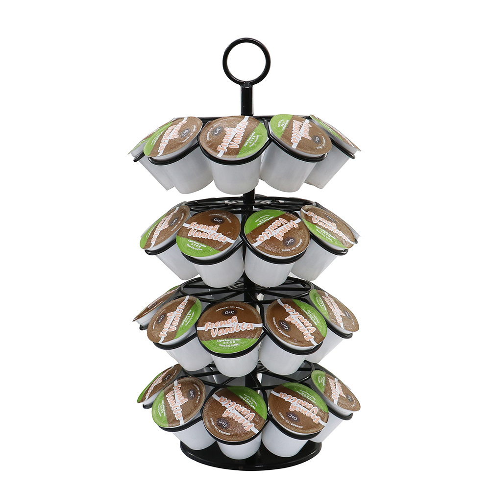 Hot Sale Metal Stainless Steel 360 Degree Rotating Steady Affordable Powder Coated 4 Tier 32 capsule coffee pod holder