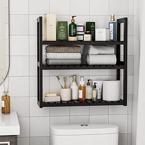 3 Tiers Black Adjustable Floating Shelf Over The Toilet Storage Bathroom Organizer Shelves with Hanging Rod