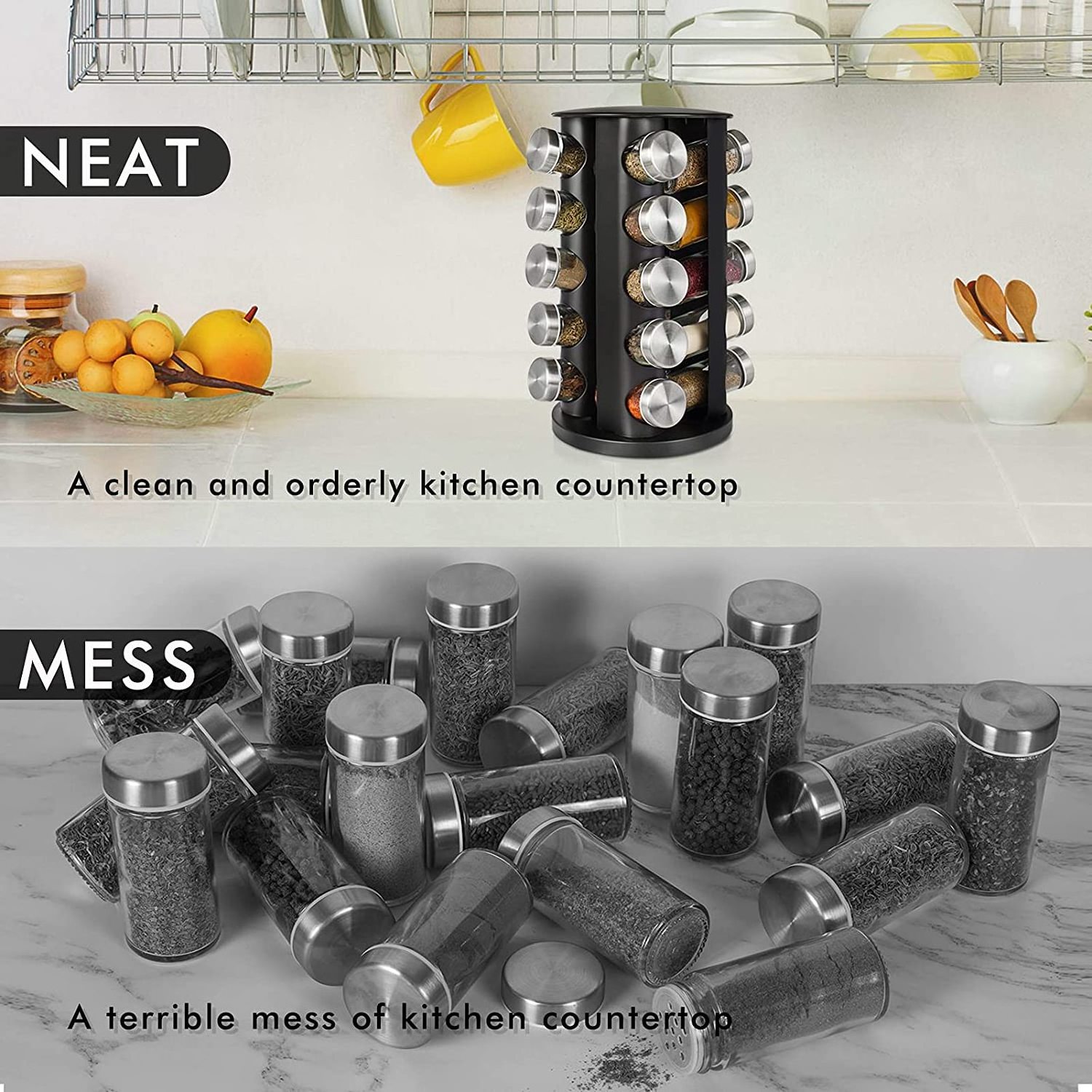 360 Rotating Kitchen Black Metal 20 Jar Spice Carousel Spice Rack with Glass Jars Set and Labels for Bottles