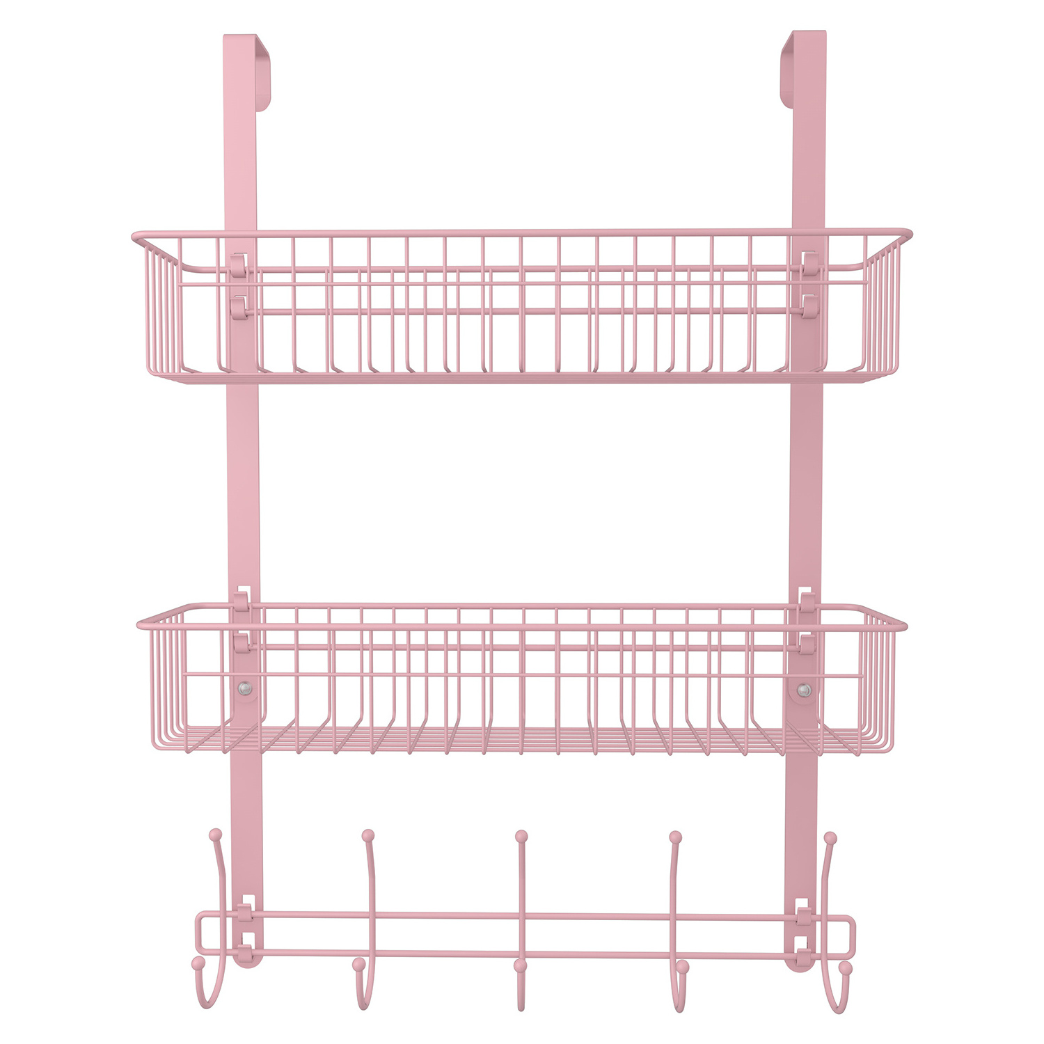 Detachable Pink Over The Door Hanger Storage Shelf with Mesh Basket for Towels, Hats, Handbags, Coats