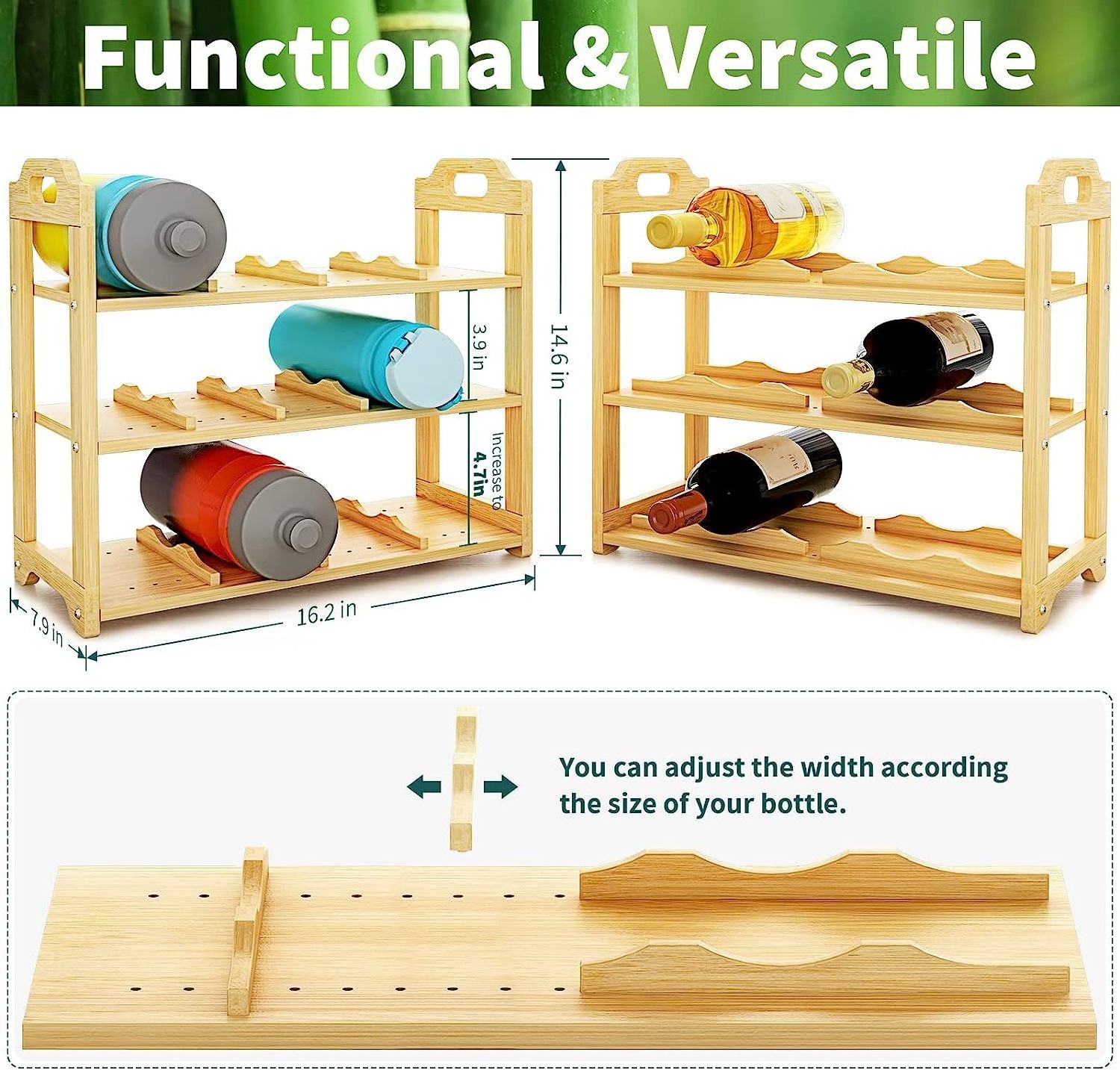 15 Freestanding Wine Rack Storage 3-Layer Adjustable Water Bottle Storage Organizer Rack For Cabinet