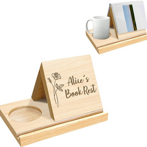 Personalized Custom Solid Oak Wooden Triangle Bookshelf Book Stand Holder with Coffee Drink Holder