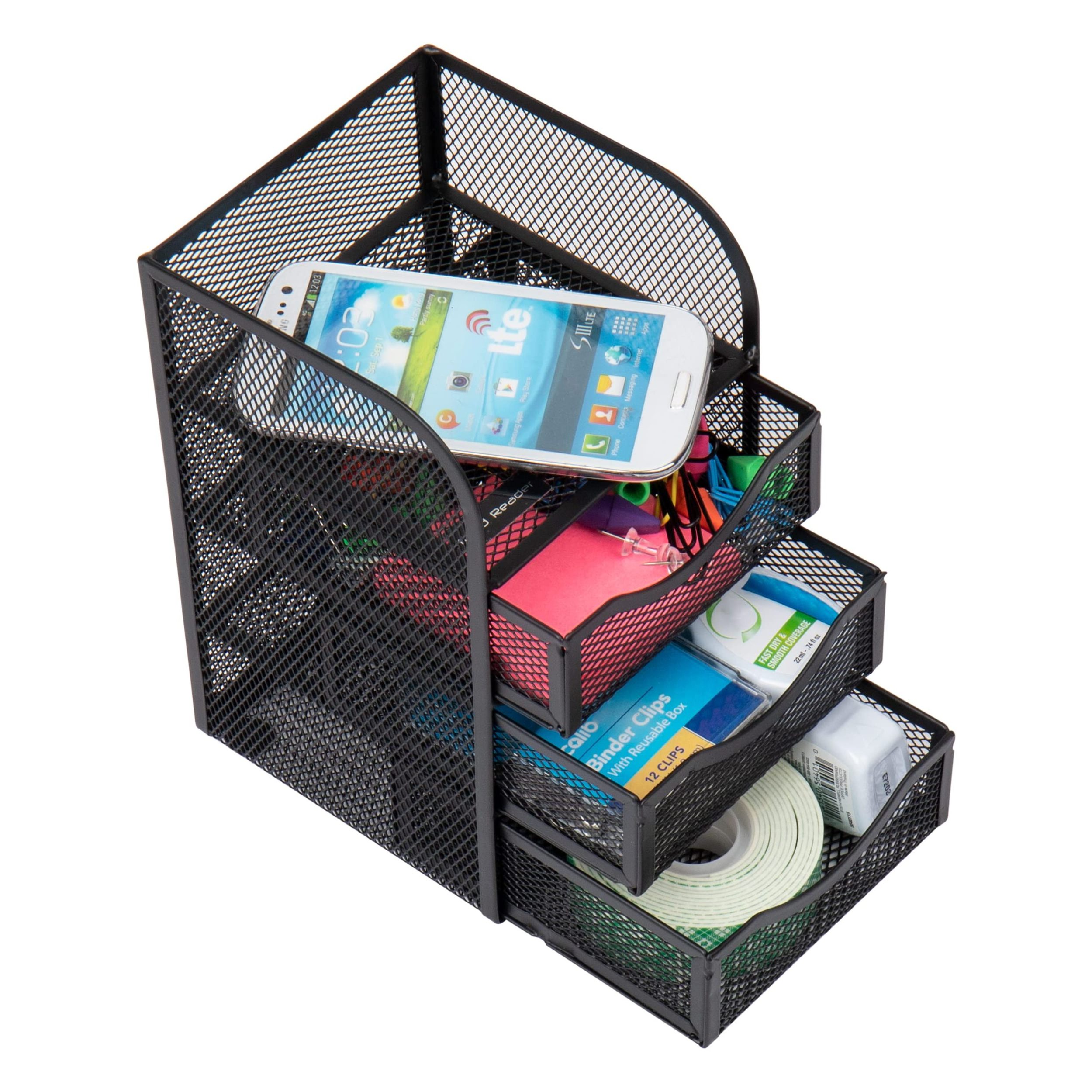 4 Tiers Metal Mesh Desktop Black Mini Desk Supplies Office Supplies File Desk Organizer With 3 Drawers And 1 Top Shelf