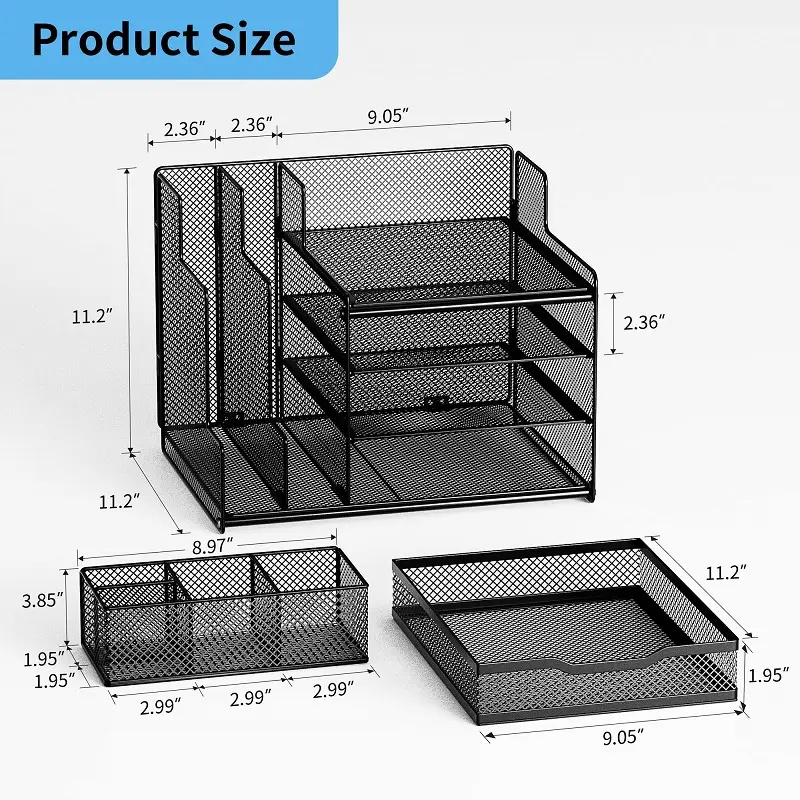 Office Supplies Metal Mesh Desk Organizer 4-Tier Mesh Letter Paper Tray With Pen Holder and Sliding Drawer